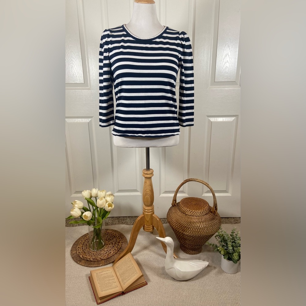 J.Crew Navy & White Striped Puff Shoulder Top – Size M